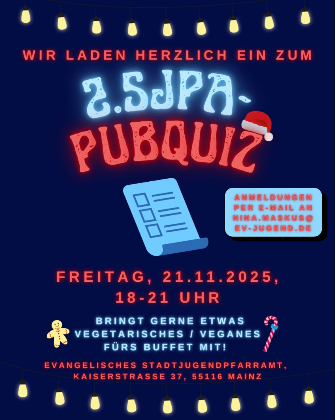 Am 21.11. findet unser 2. SJPA-Pubquiz statt - meldet euch gerne an und bringt noch etwas zu Essen mit! ☺️🎄