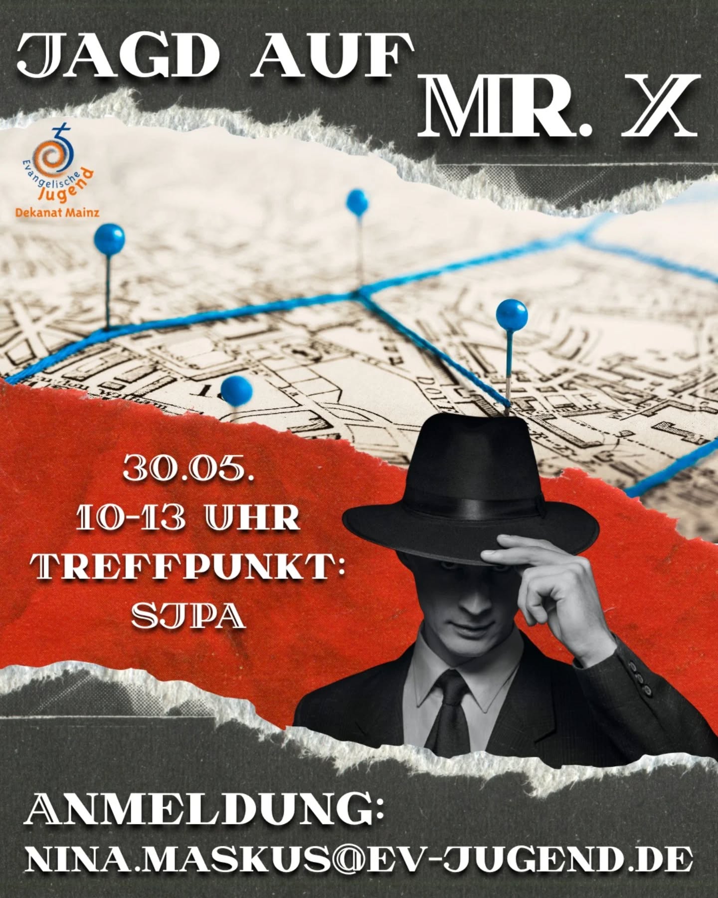 Meldet euch an und seid am 30.5. am Start, wenn wir uns auf die Suche nach Mr. X machen!
Angelehnt an das Brettspiel "Scotland Yard" machen wir die Mainzer Innenstadt zu unserem Brettspiel und suchen in Kleingruppen Mr. X.
Wir freuen uns auf euch!